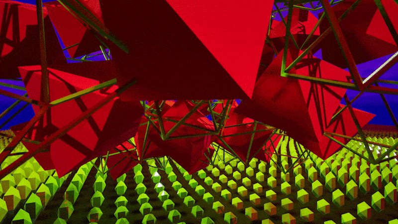 Animated Gif of red and green diamonds floating over a green geometry field with a purple sky